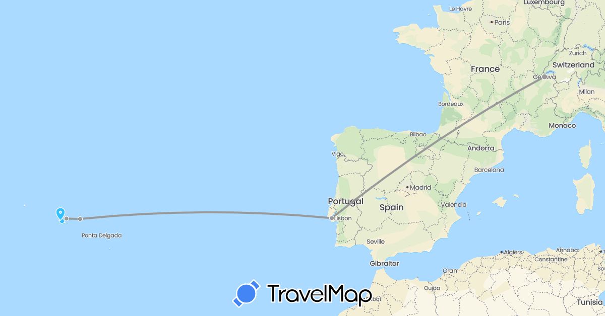 TravelMap itinerary: driving, plane, boat in Switzerland, Portugal (Europe)